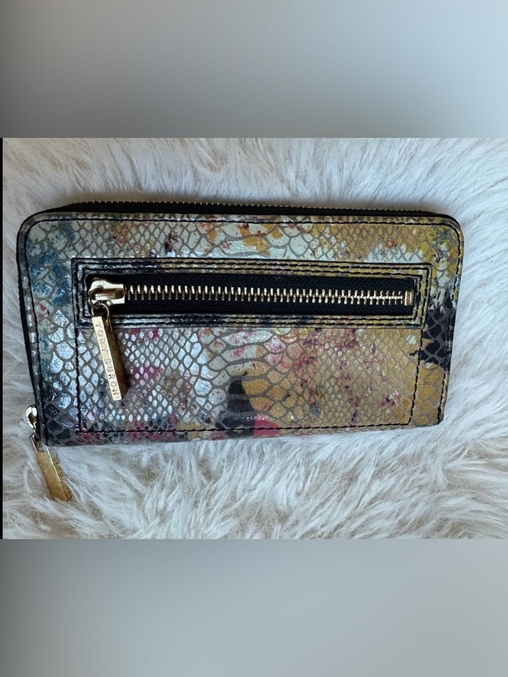 Tory Burch Multicolor Snake-Print Zip Card Wallet with Gold Hardware Zip around